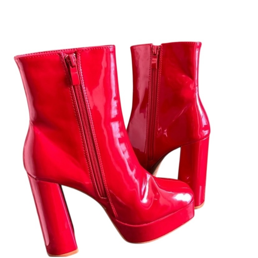 RED Patent Leather Booties Block Heel Zip Stiletto NWOT Sz 8